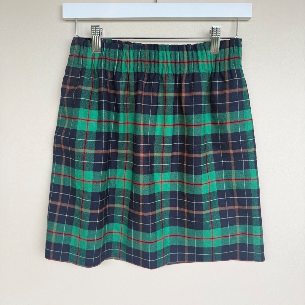 J.Crew Green Navy Plaid Tartan Mini Skirt Elastic Waist Wool Blend Size 2 Preppy